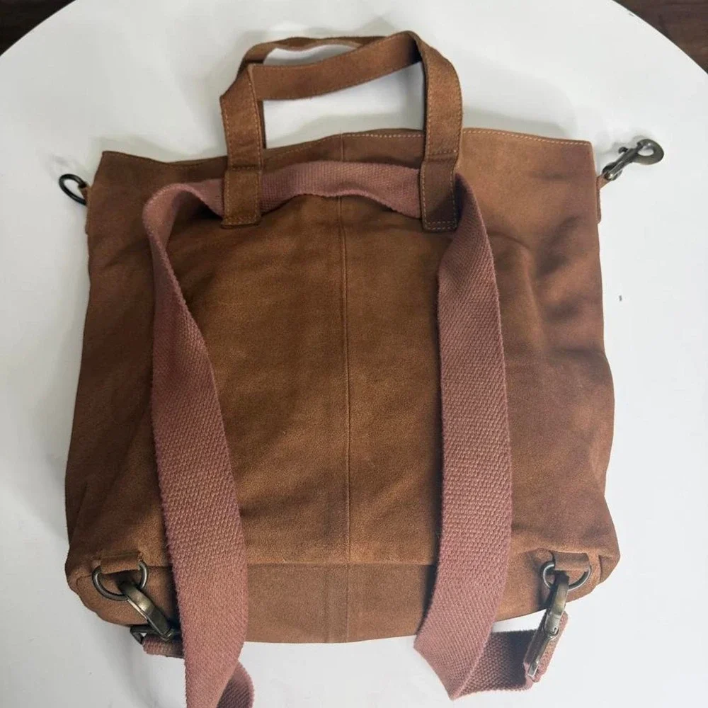 Free People Chestnut Brown Suede Convertible Tote Backpack – Boho Leather Bag